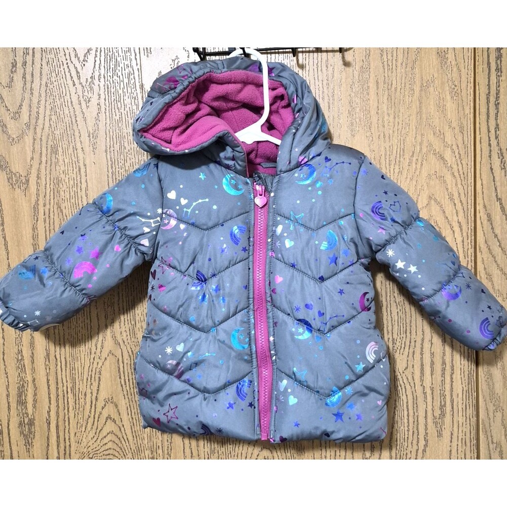 London Fog Girls Grey Pink Moon & Stars Polyester Fill Puffer Jacket Hood 24M